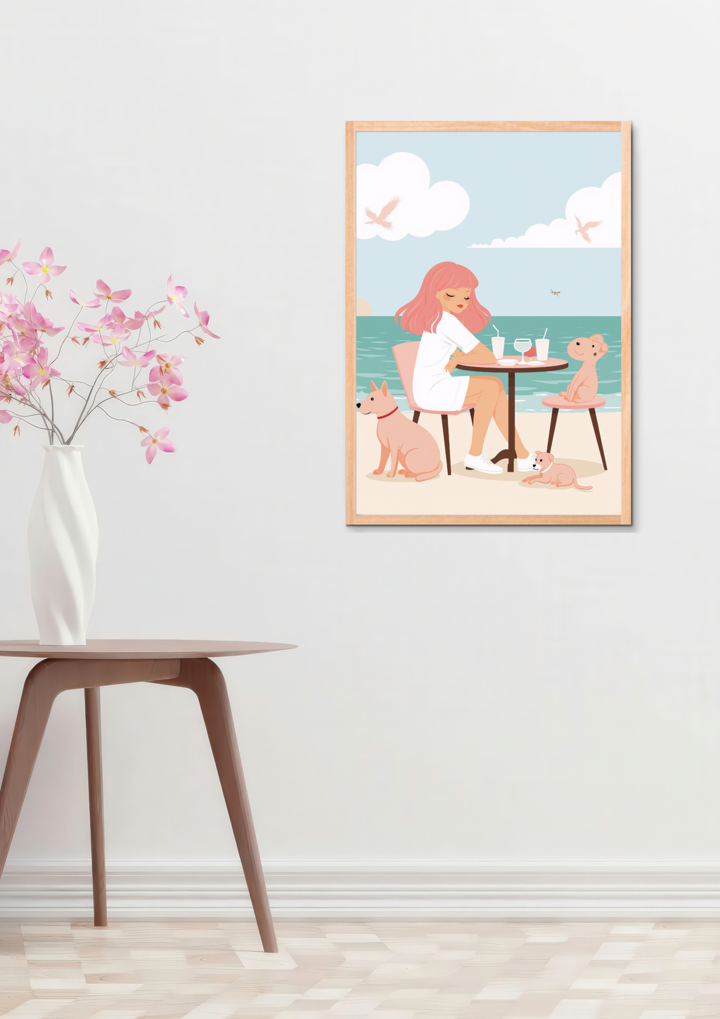Beach Day with Dogs Graphic Poster – Girl at Seaside Cafe Illustration, Pastel Coastal Wall Art A2