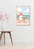 Beach Day with Dogs Graphic Poster – Girl at Seaside Cafe Illustration, Pastel Coastal Wall Art A2