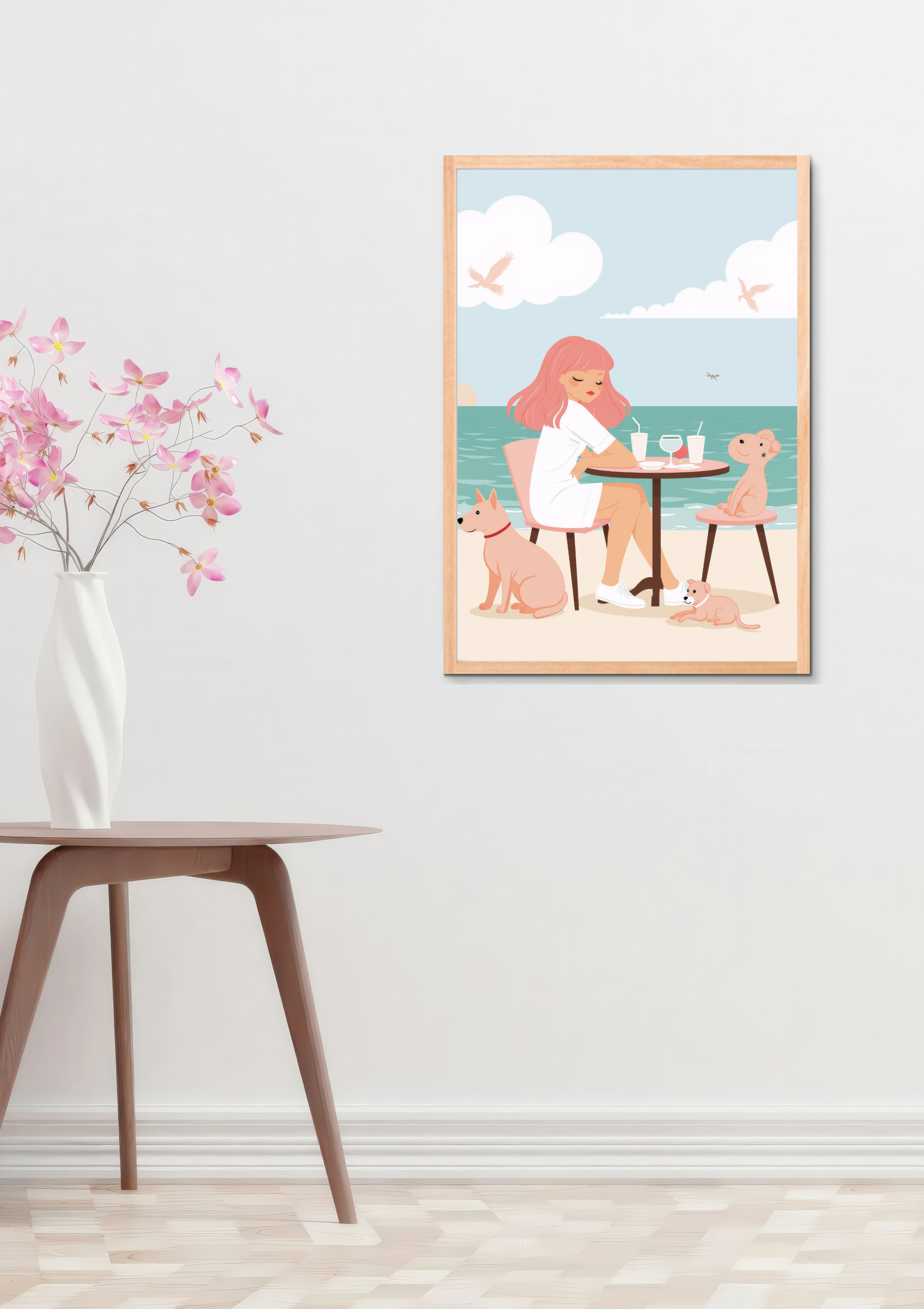 Beach Day with Dogs Graphic Poster – Girl at Seaside Cafe Illustration, Pastel Coastal Wall Art A2