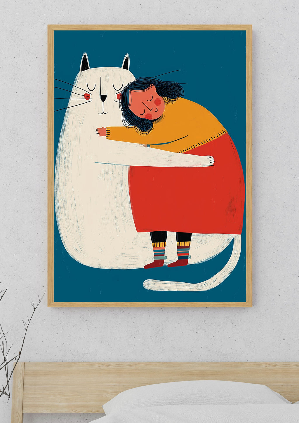 Whimsical Girl and Giant Cat Hug Printable Poster – A2 Digital PDF