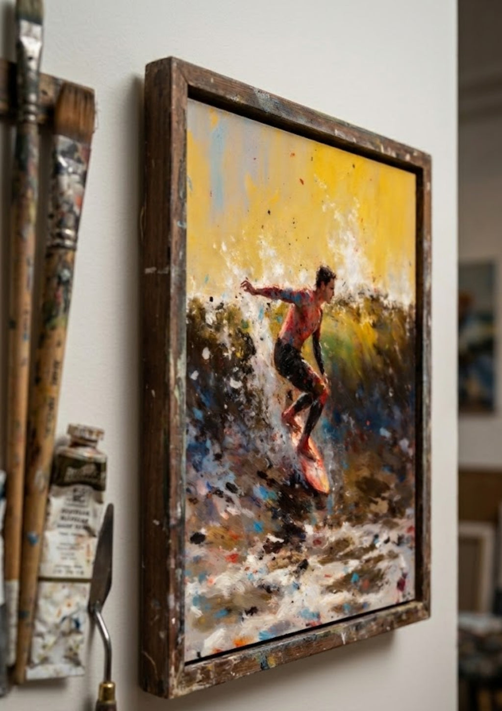 Dynamic Surfer Impressionist Oil Painting – Abstract Ocean Wave Wall Art