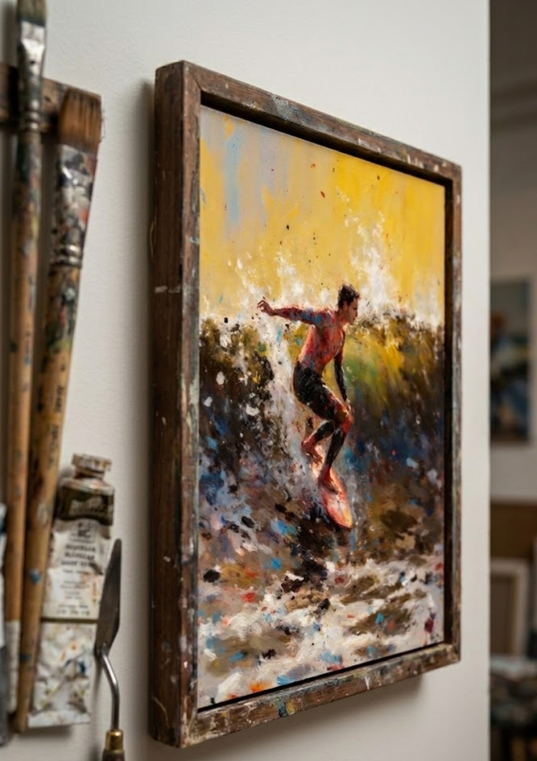 Dynamic Surfer Impressionist Oil Painting – Abstract Ocean Wave Wall Art
