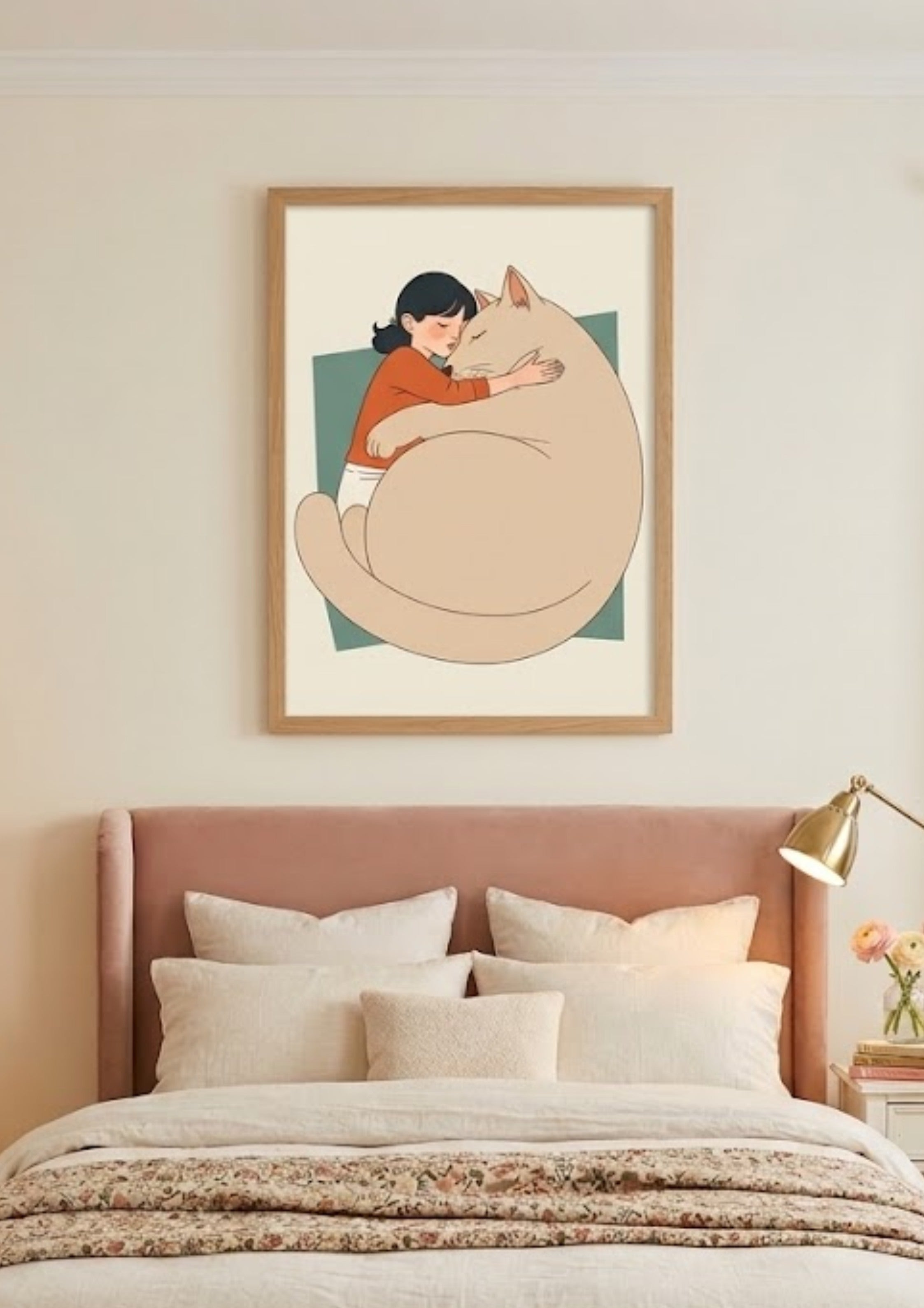Girl and Giant Cream Cat Hug Printable Poster – Cozy Minimalist Illustration