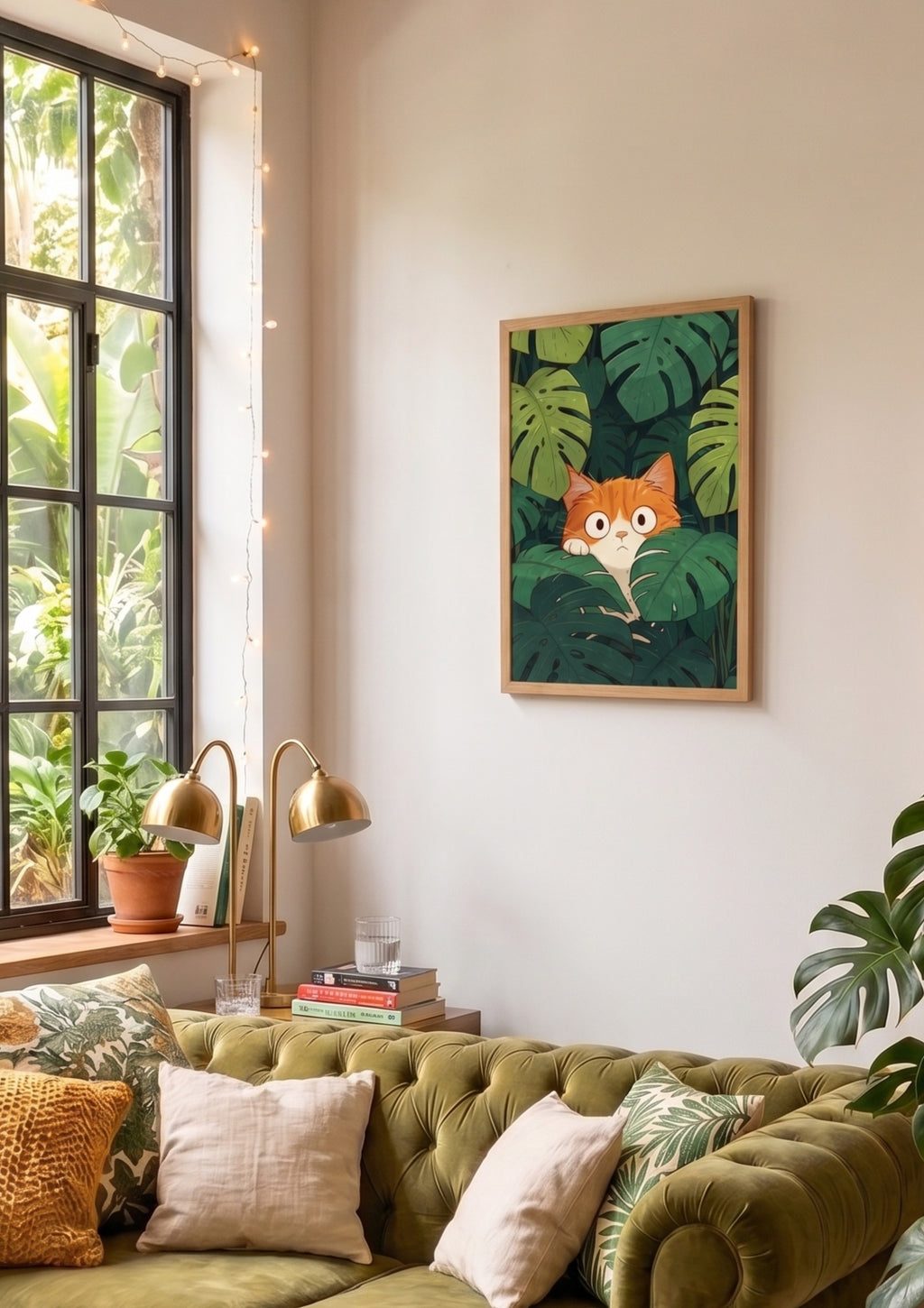Curious Ginger Cat in Monstera Jungle Printable Poster