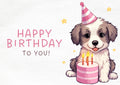 Cute Puppy Digital Birthday Card, Pink Birthday Cake Ecard, Instant Download