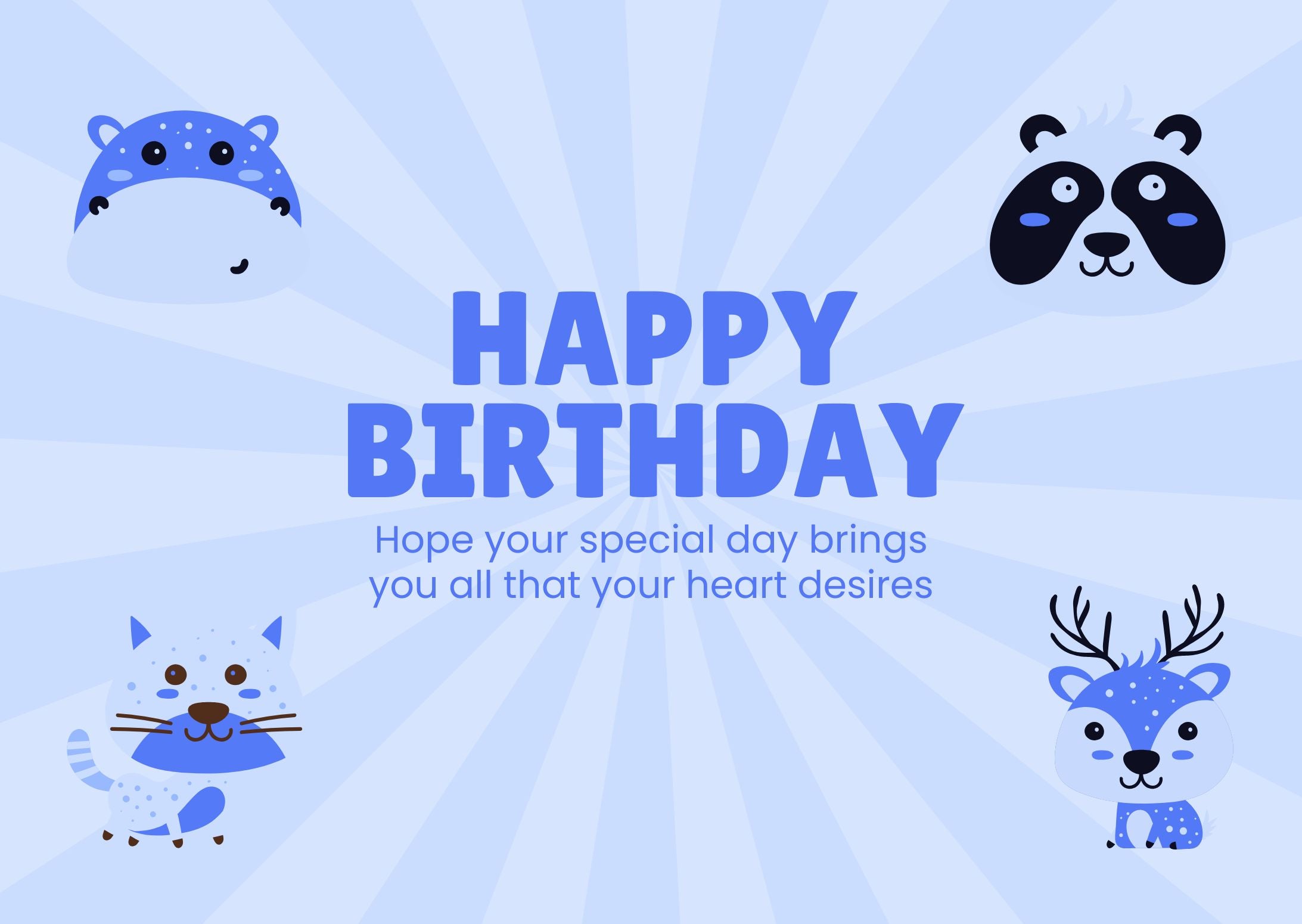 Cute Blue Animals Digital Birthday Card, Instant Download