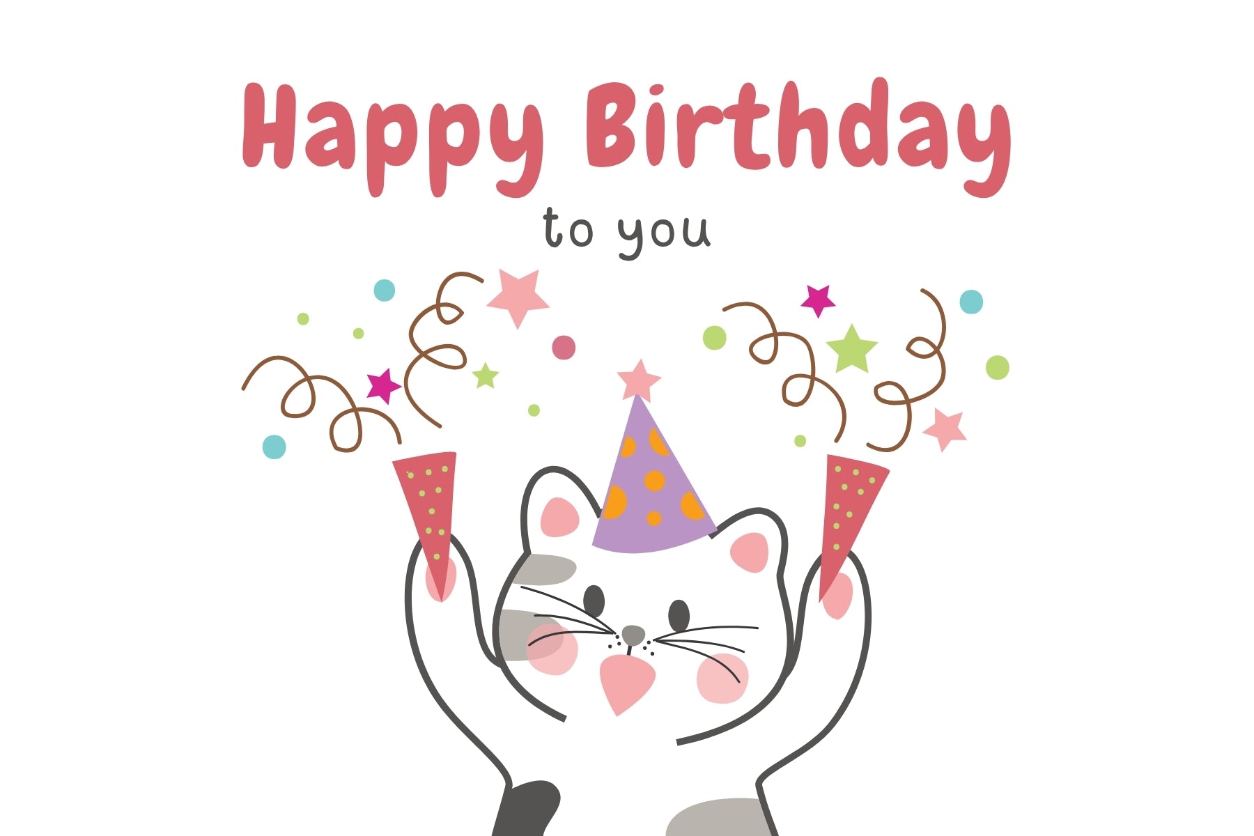 Digital Cat Birthday Card - Instant Download Kawaii Kitten Greeting