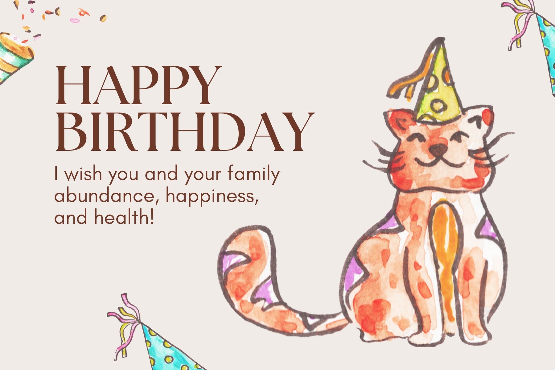 Watercolor Cat Digital Birthday Card - Instant Download