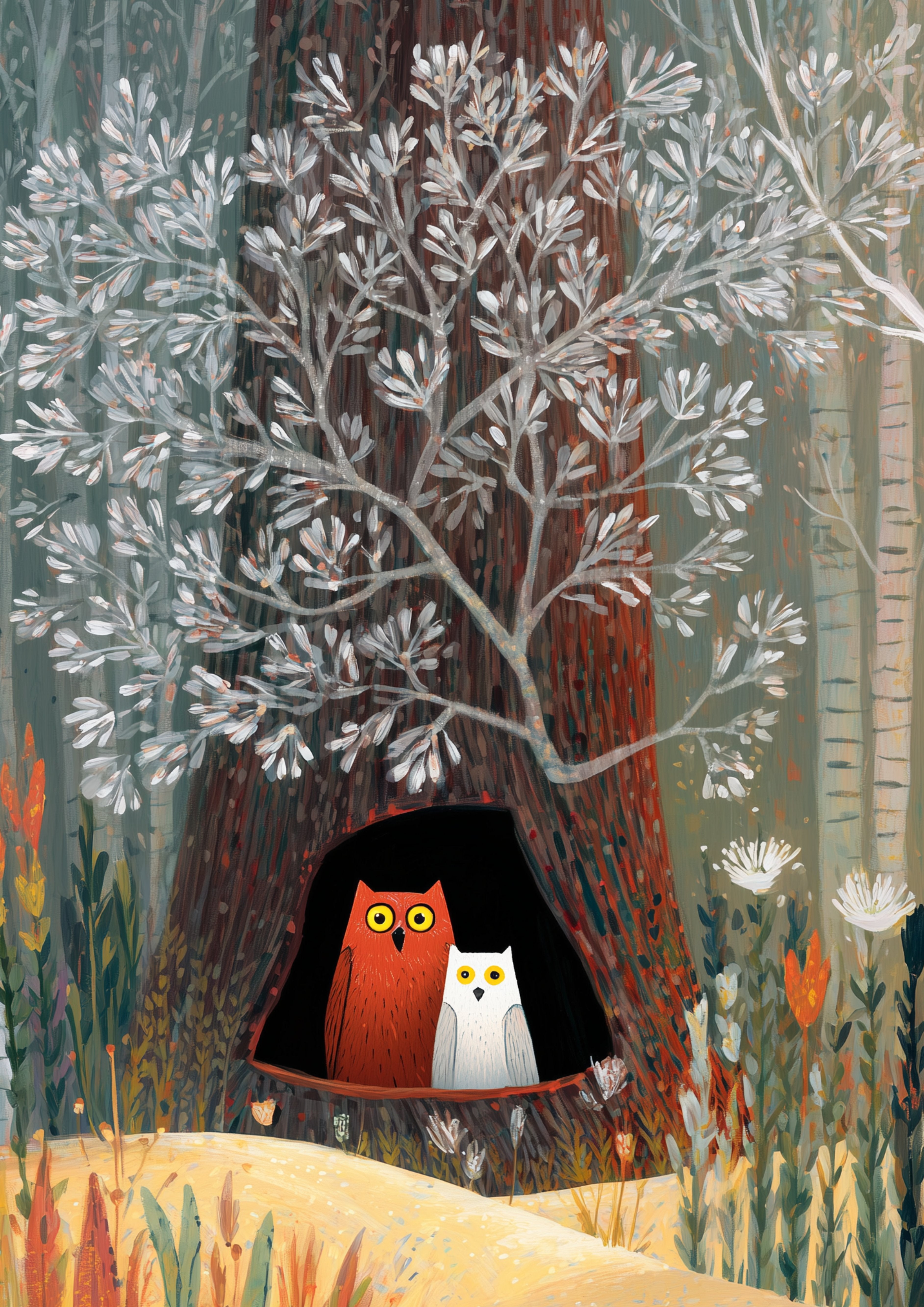 Whimsical Forest Owls Printable Poster – A2 Digital PDF (42x59.4 cm), Instant Download