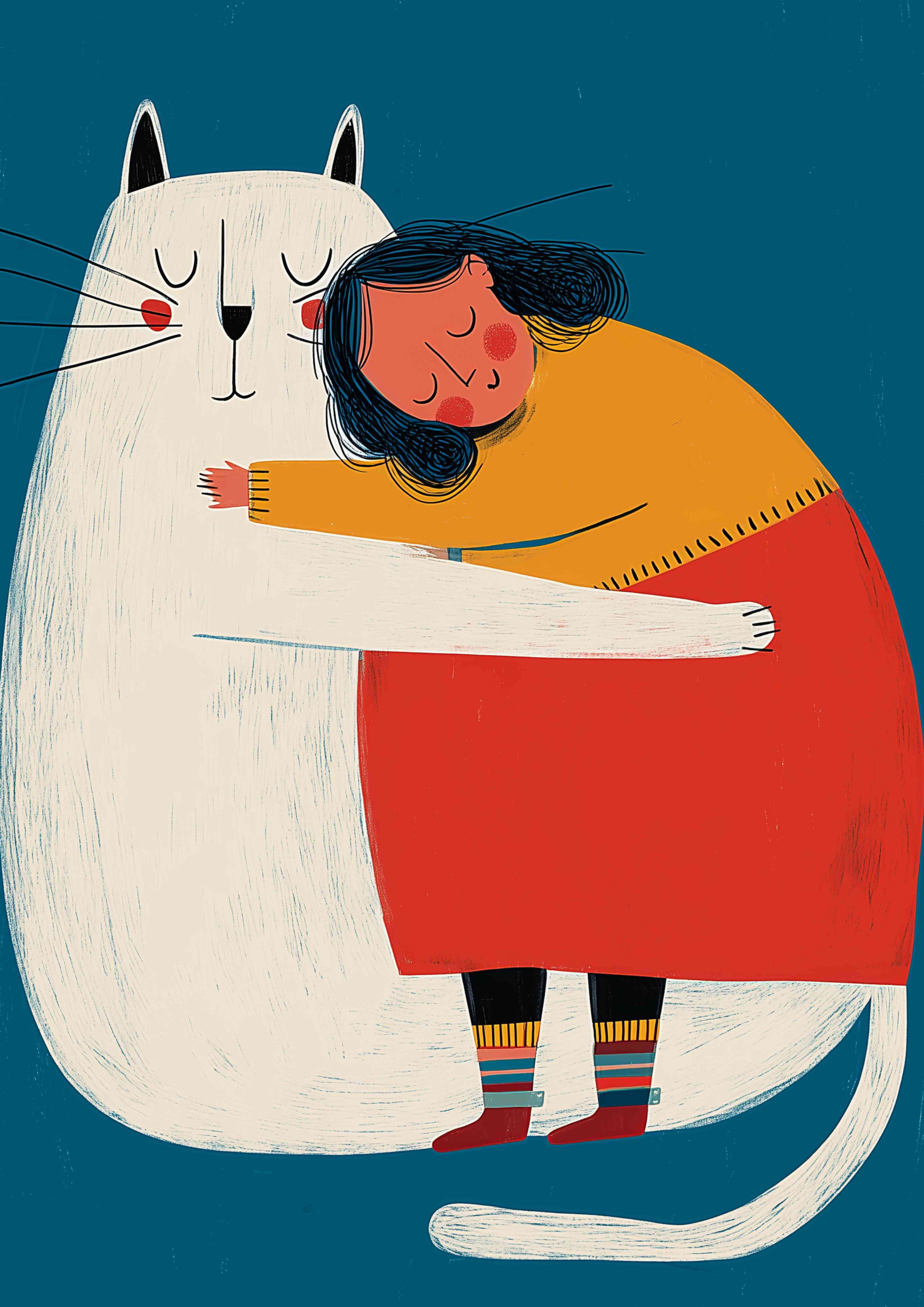 Whimsical Girl and Giant Cat Hug Printable Poster – A2 Digital PDF