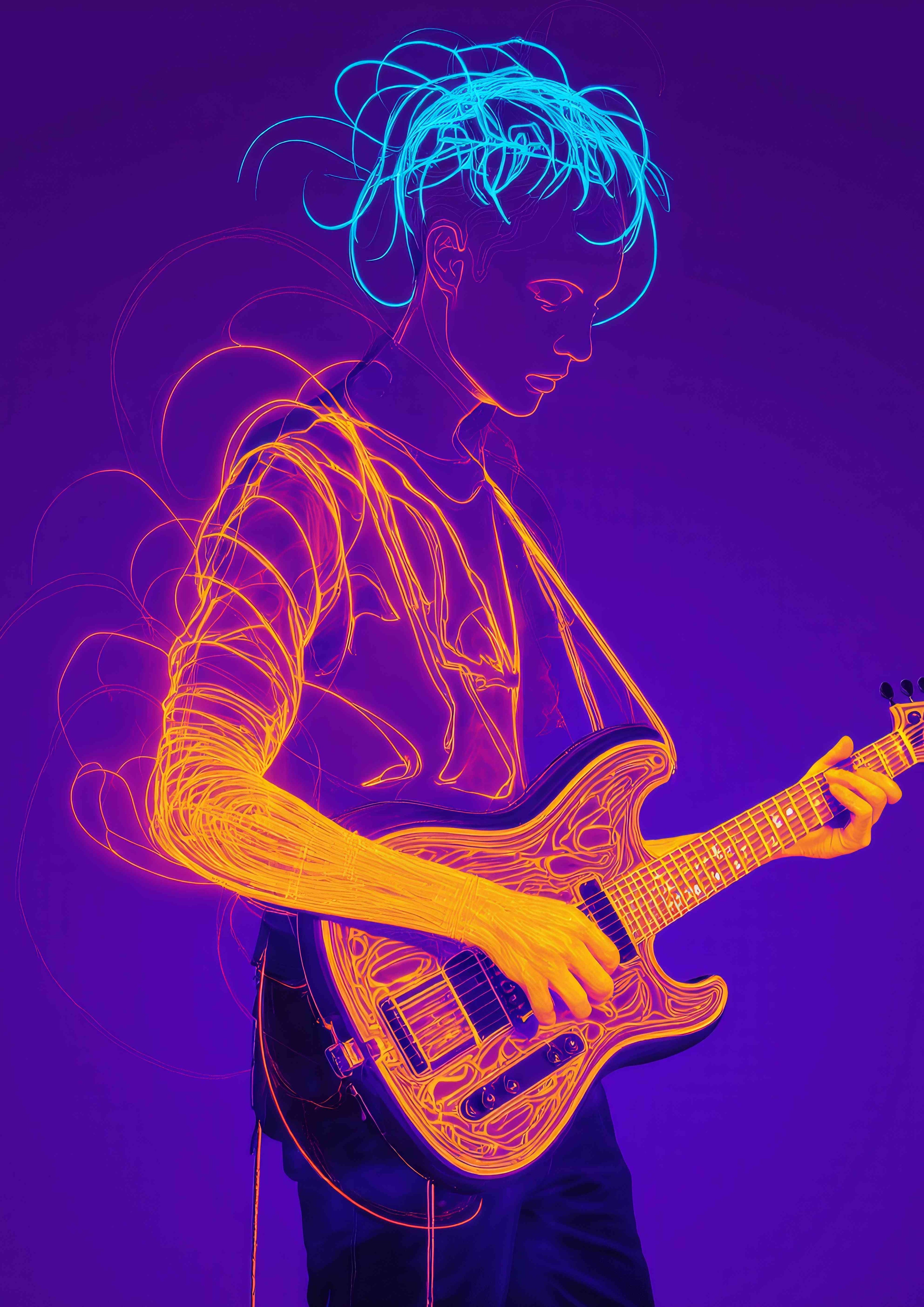 Electric Guitarist Neon Line Art Poster – A2 Printable PDF
