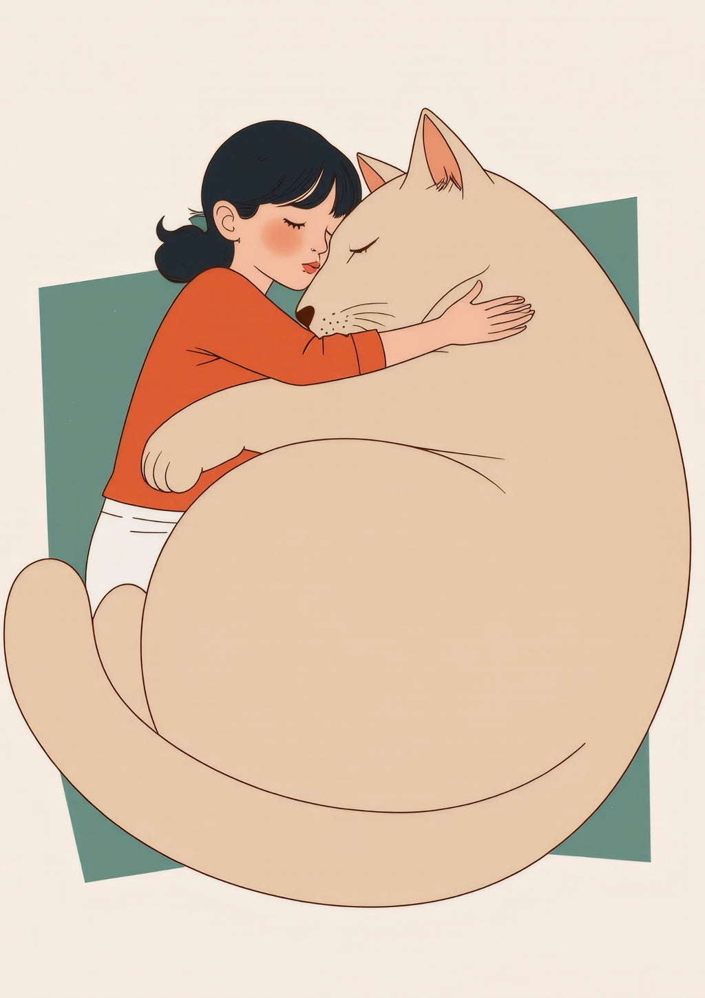 Girl and Giant Cream Cat Hug Printable Poster – Cozy Minimalist Illustration