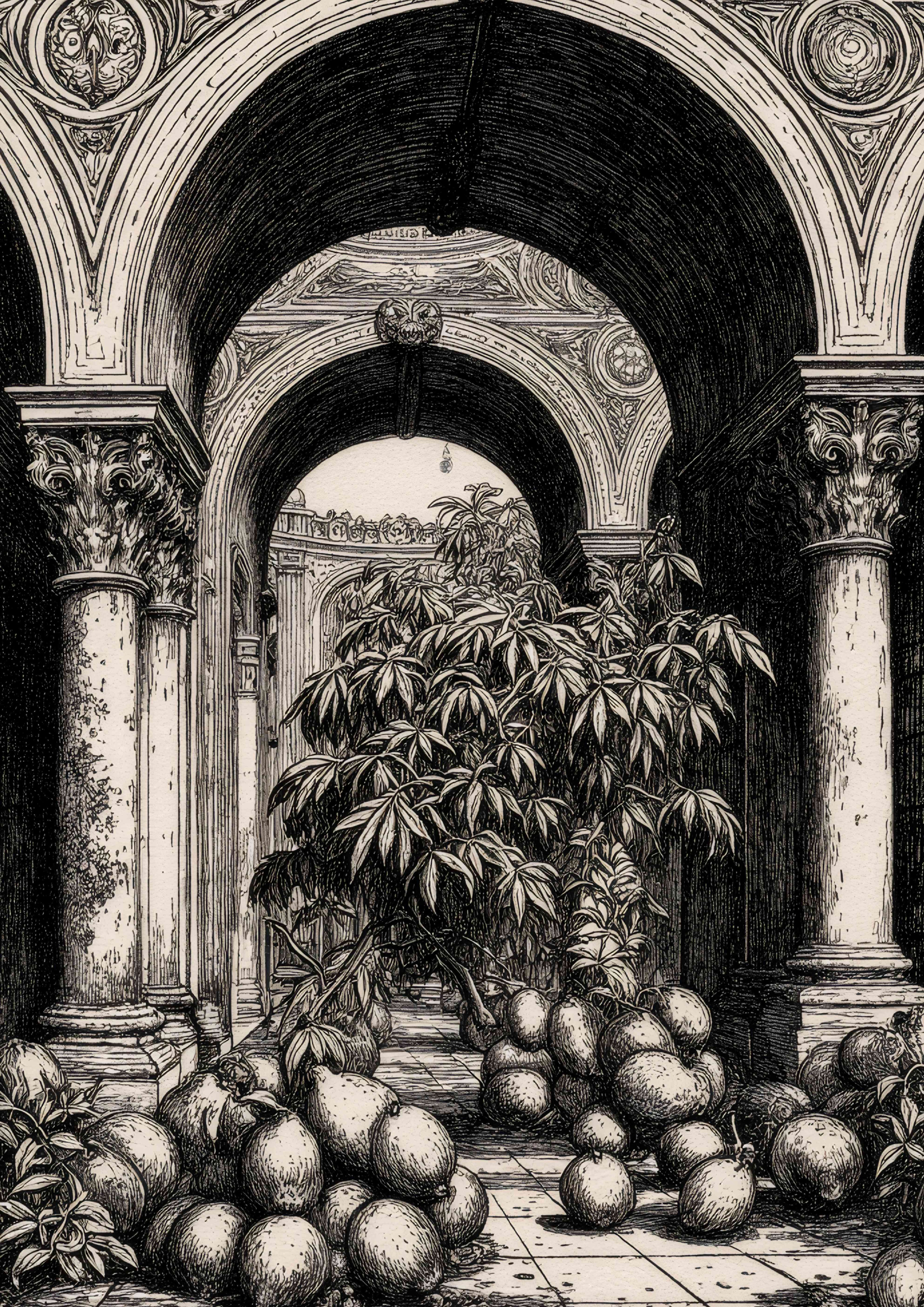 Neoclassical Courtyard Ink Drawing Print – A2 (42x59.4 cm) Digital PDF