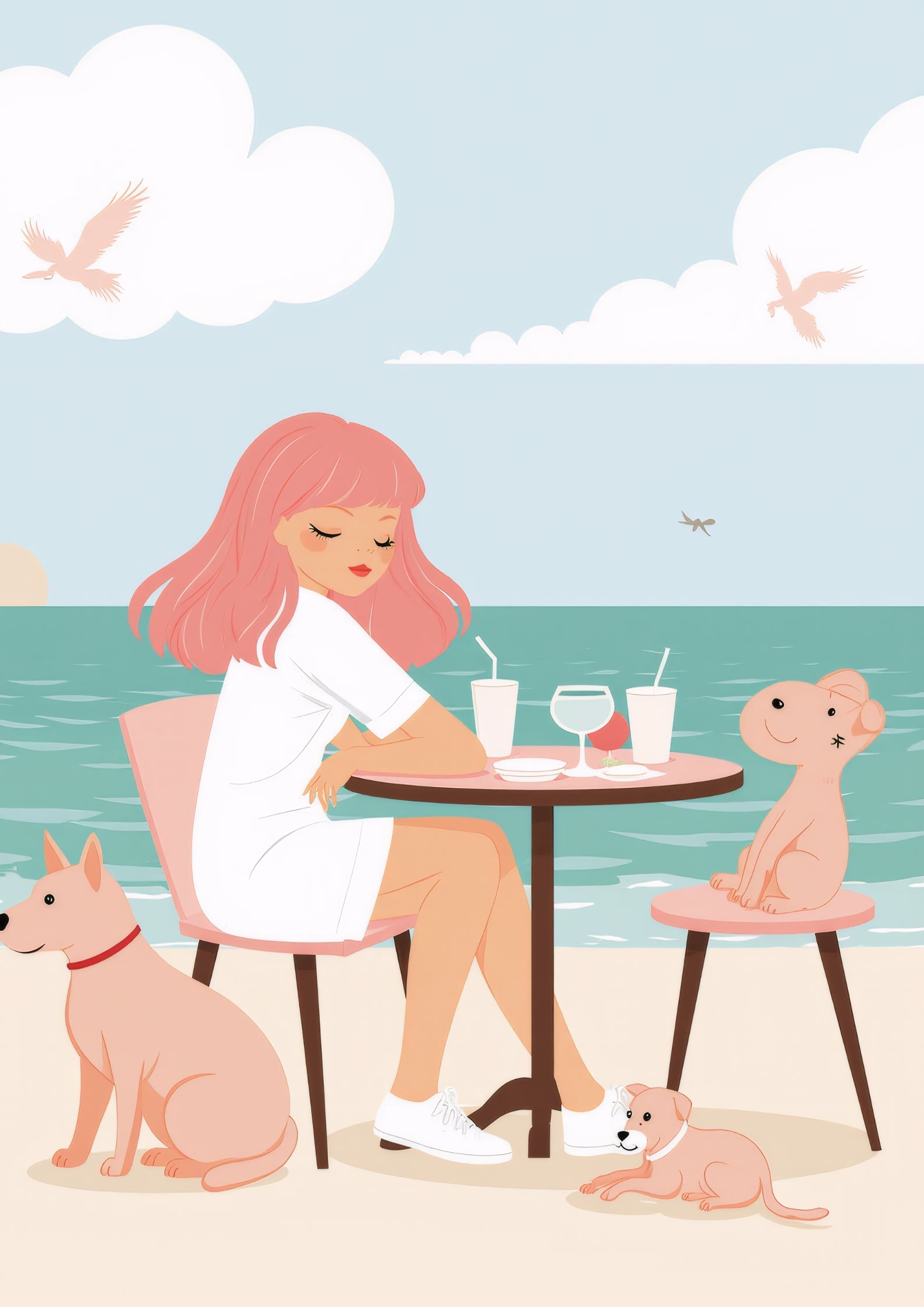 Beach Day with Dogs Graphic Poster – Girl at Seaside Cafe Illustration, Pastel Coastal Wall Art A2