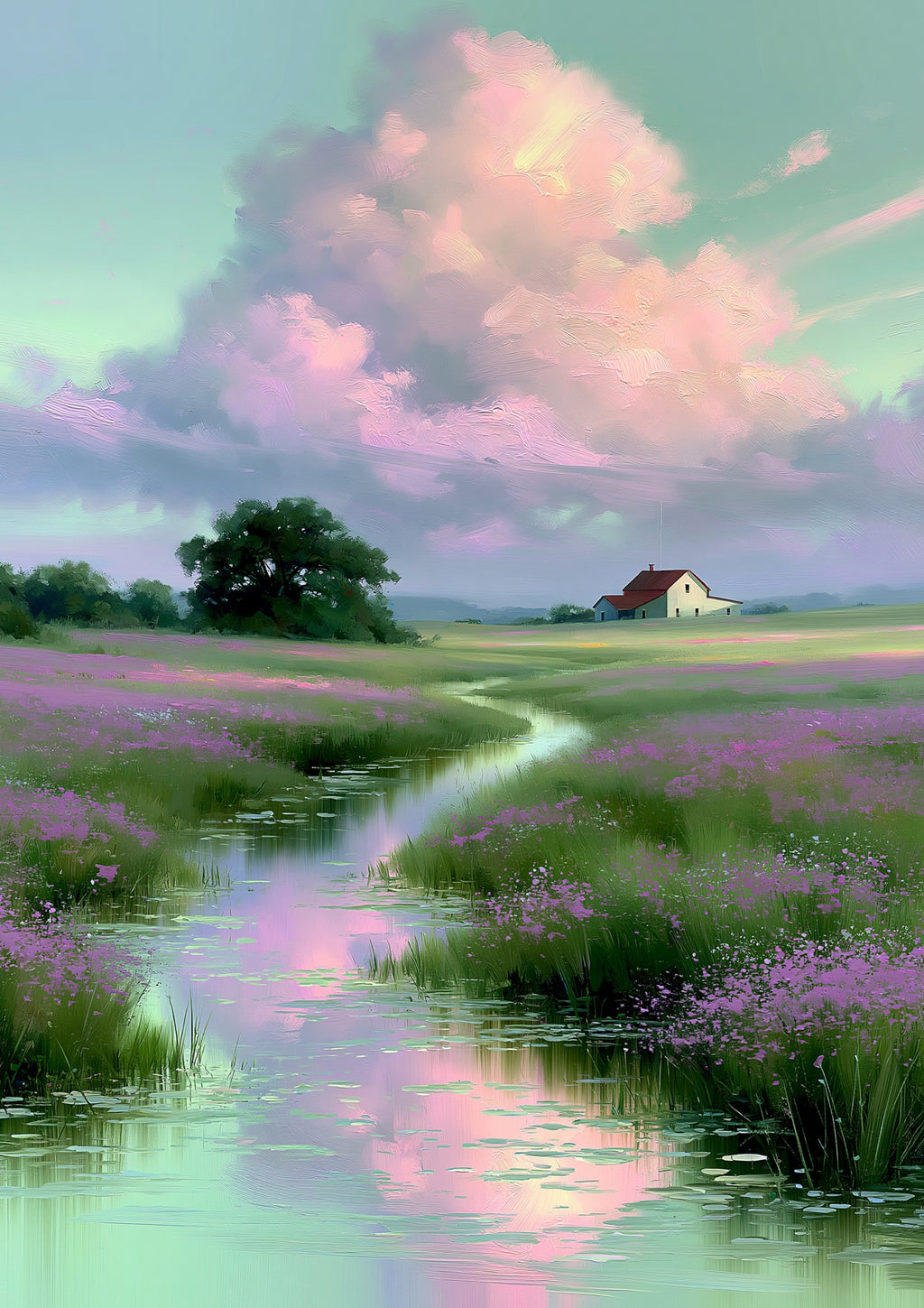Dreamy Pastel Meadow Landscape Printable Poster – Impressionist Farmhouse Wall Art