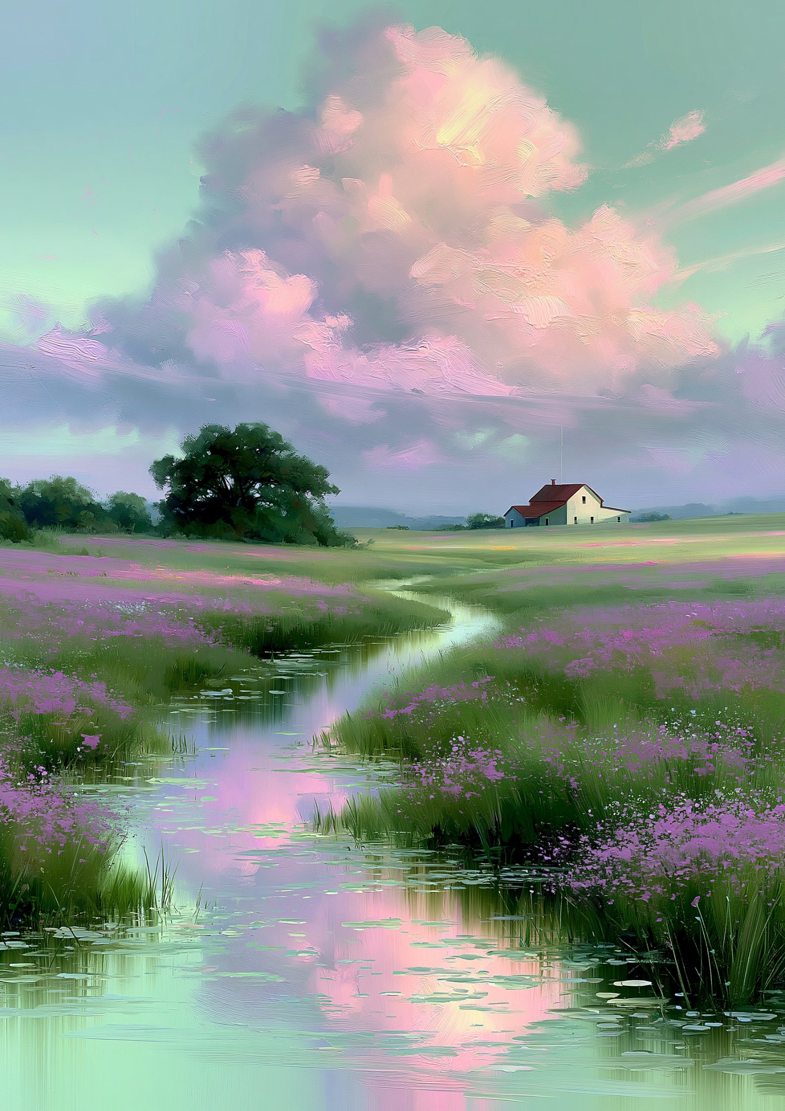 Dreamy Pastel Meadow Landscape Printable Poster – Impressionist Farmhouse Wall Art