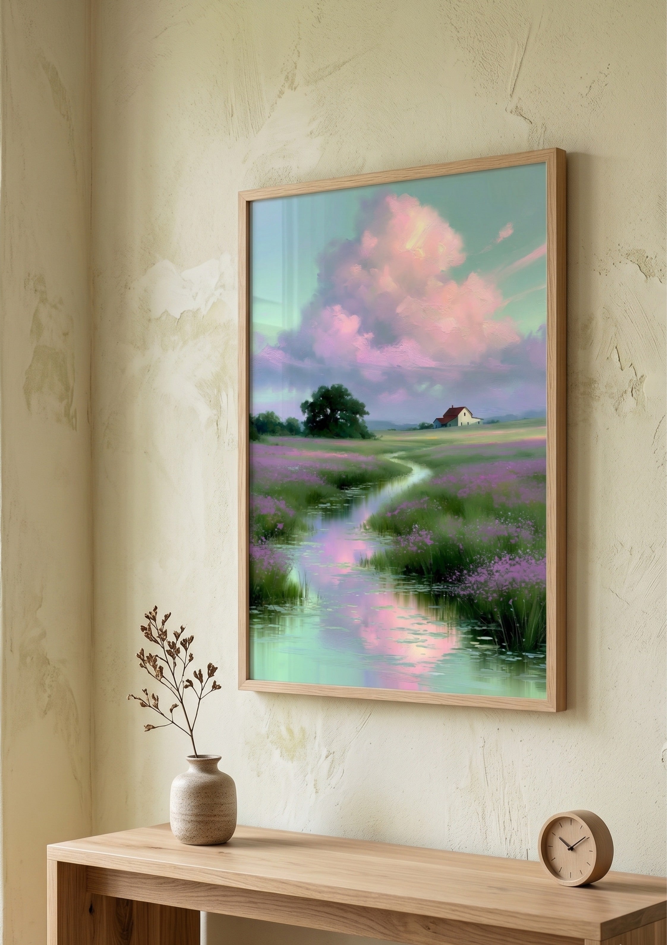 Dreamy Pastel Meadow Landscape Printable Poster – Impressionist Farmhouse Wall Art
