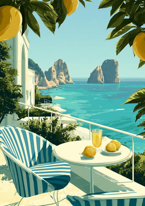 Amalfi Coast Lemon Terrace Printable Poster – Vintage Italian Summer Wall Art