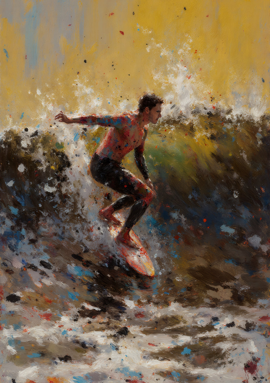 Dynamic Surfer Impressionist Oil Painting – Abstract Ocean Wave Wall Art