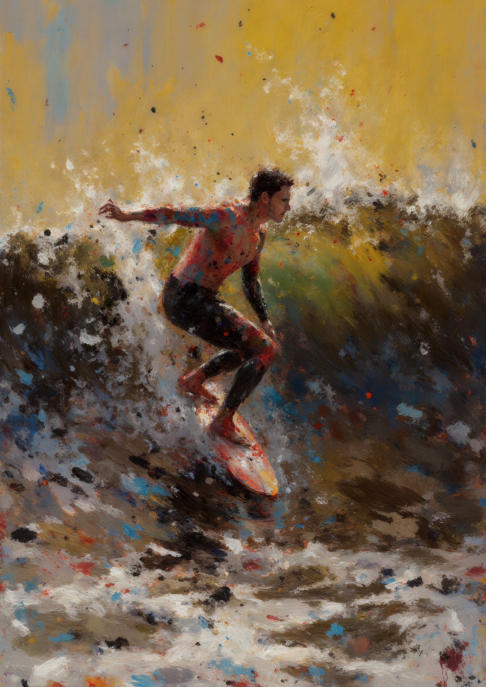 Dynamic Surfer Impressionist Oil Painting – Abstract Ocean Wave Wall Art