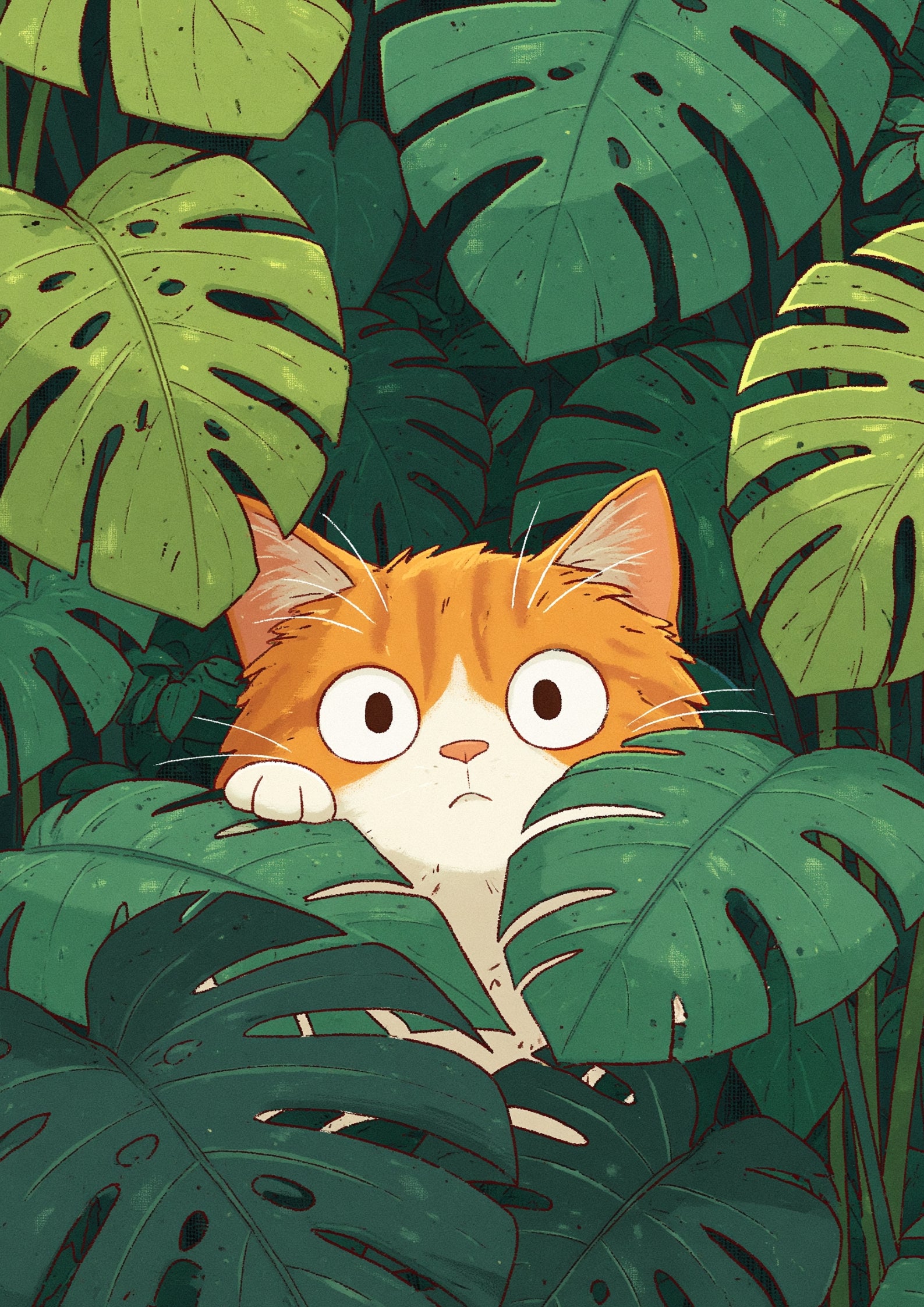 Curious Ginger Cat in Monstera Jungle Printable Poster