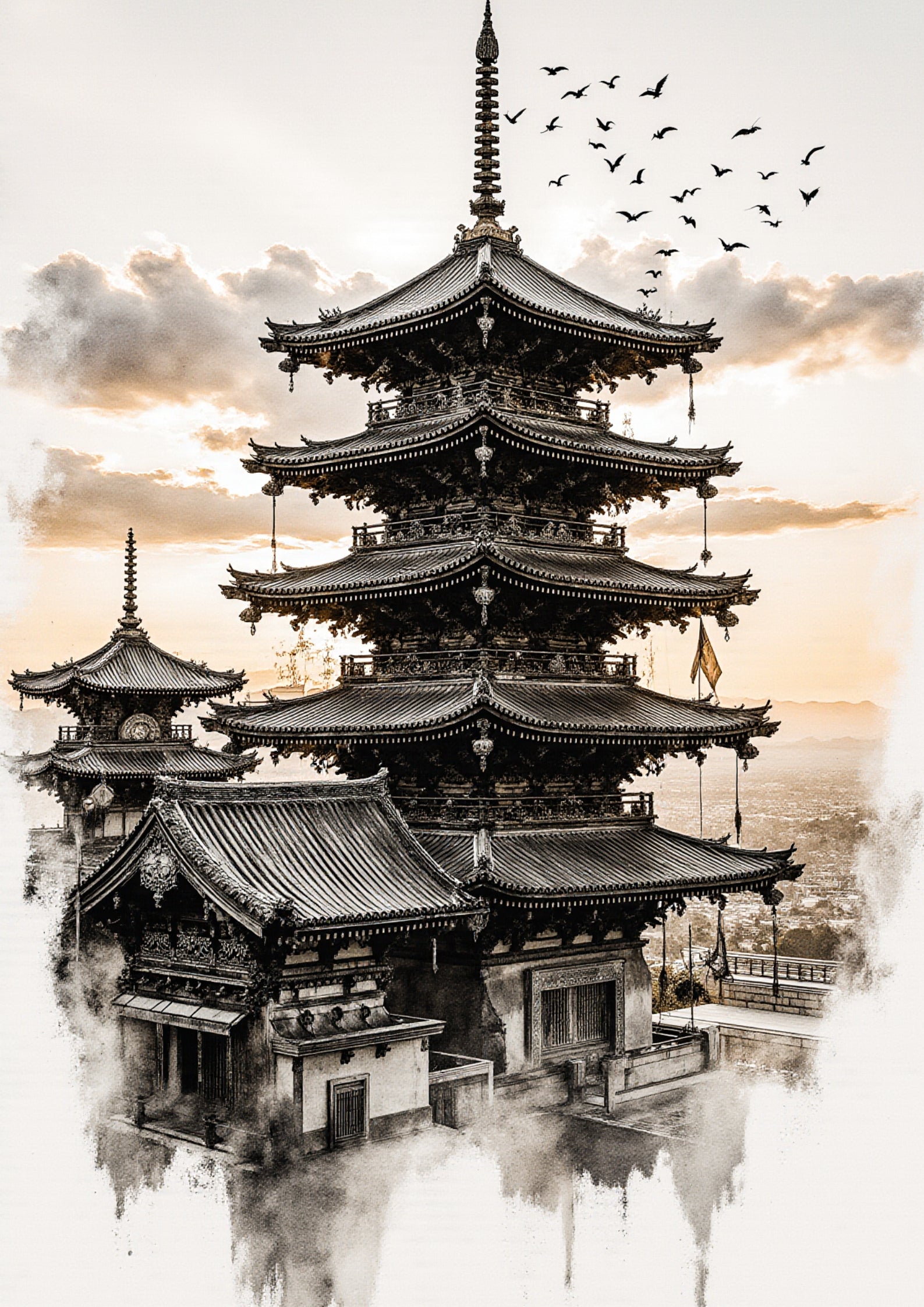 Japanese Pagoda Watercolor Poster – Ancient Kyoto Temple Wall Art