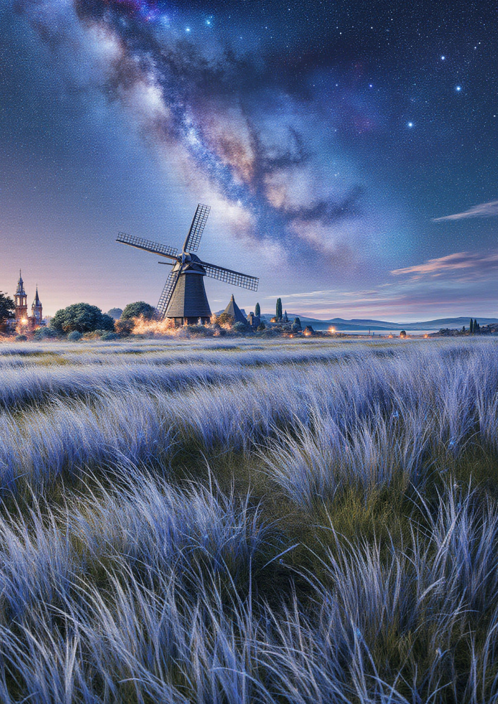 Starry Night Windmill Landscape Printable Poster – Celestial Milky Way Wall Art
