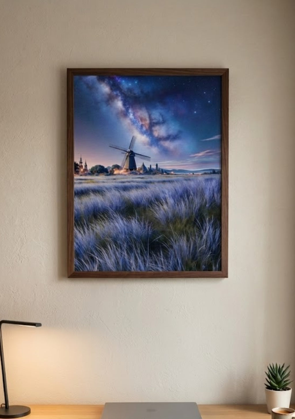 Starry Night Windmill Landscape Printable Poster – Celestial Milky Way Wall Art