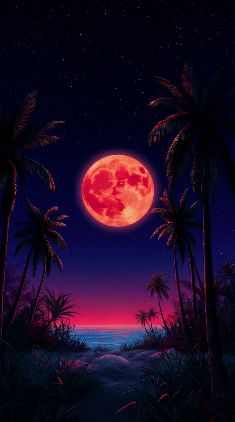 Retro Synthwave Palm Beach Wallpaper – 4K Digital Download